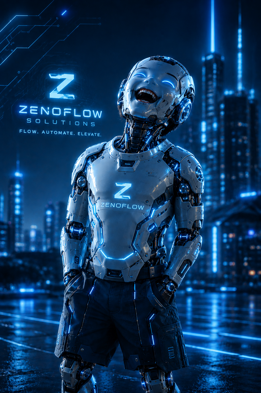 ZenoFlow android mascot standing in front of a futuristic city skyline