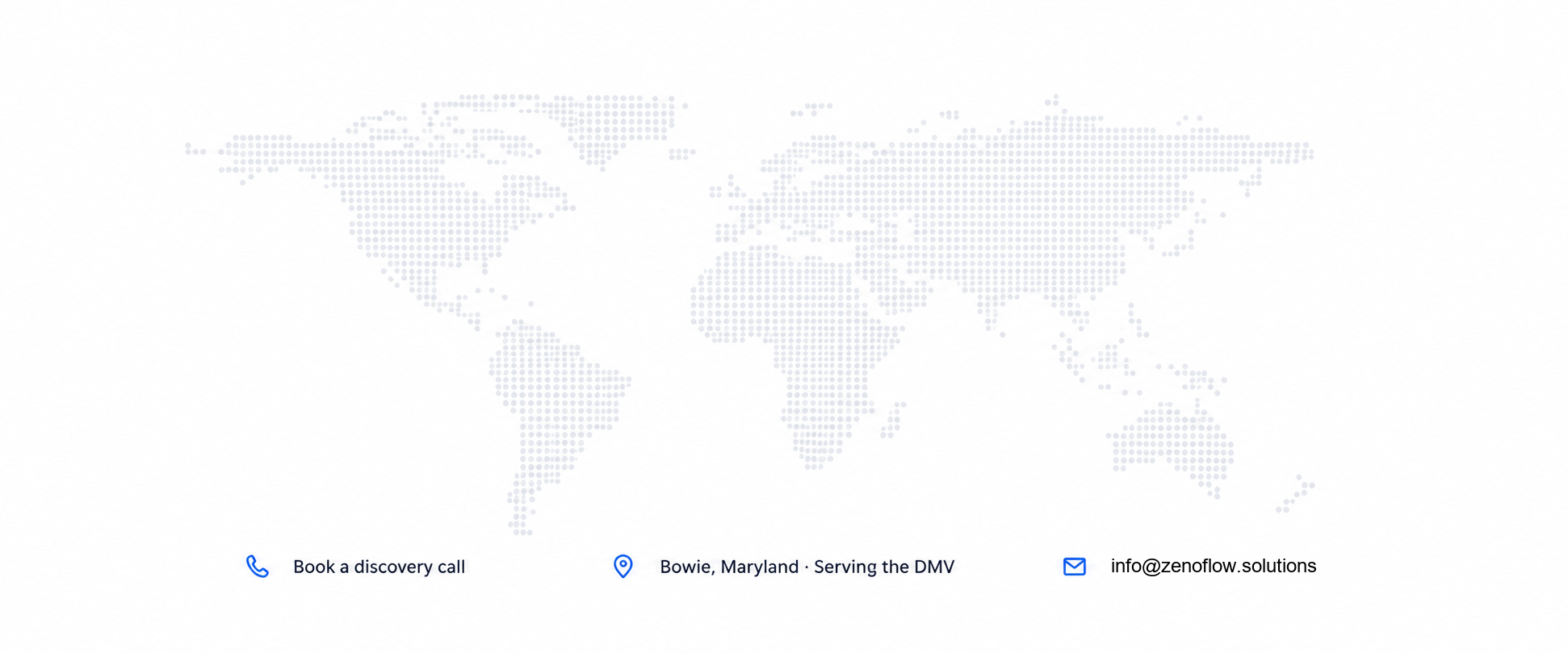 World map contact strip with call, location, and email details