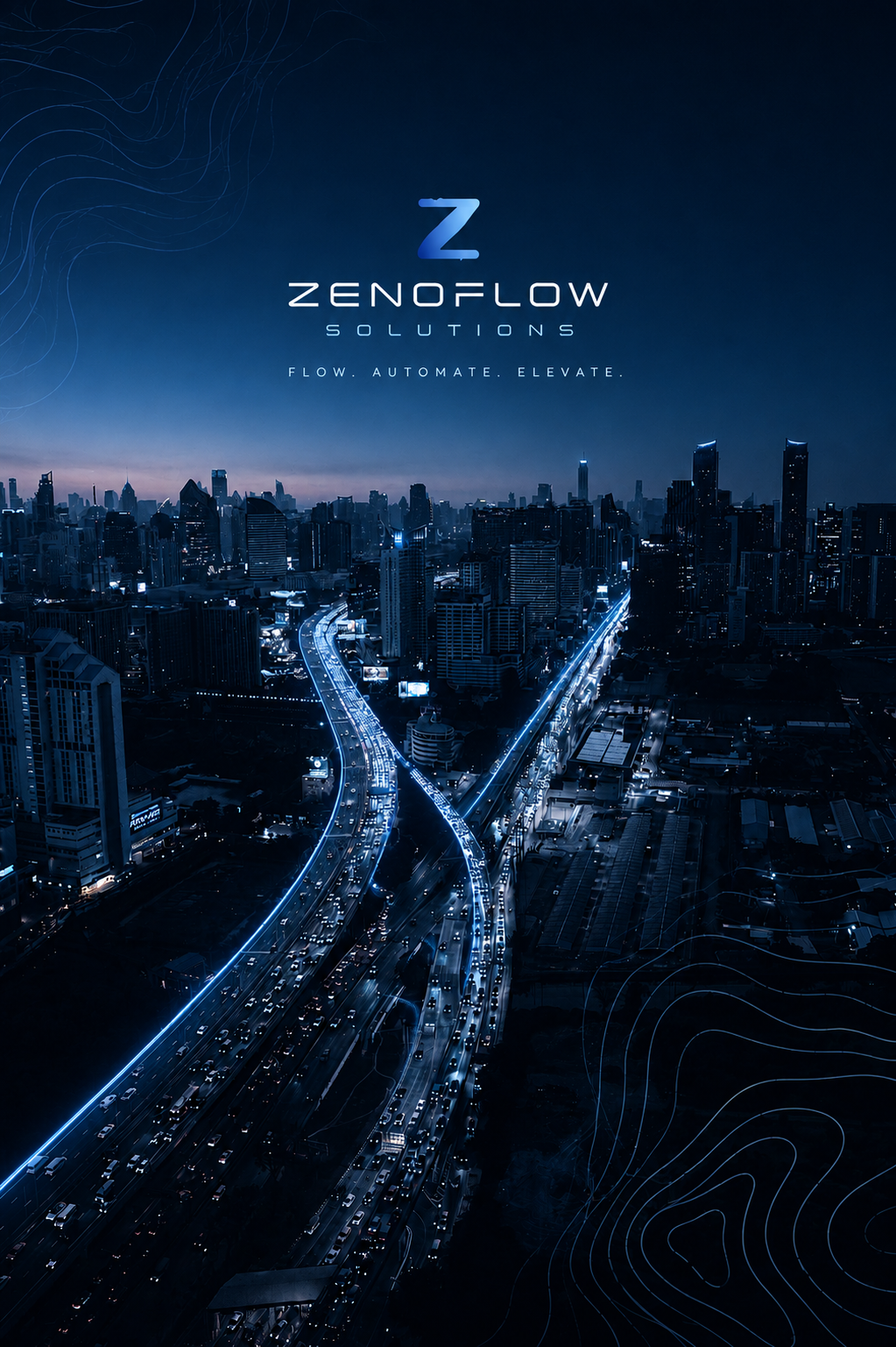 Aerial view of a glowing highway interchange at night
